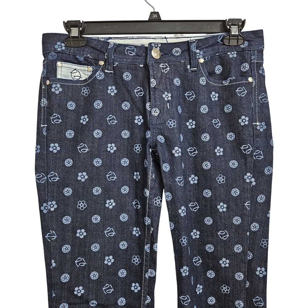Pepe Jeans London Flare Jeans Women 30 Blue Floral Print Low Rise Stretch Y2K